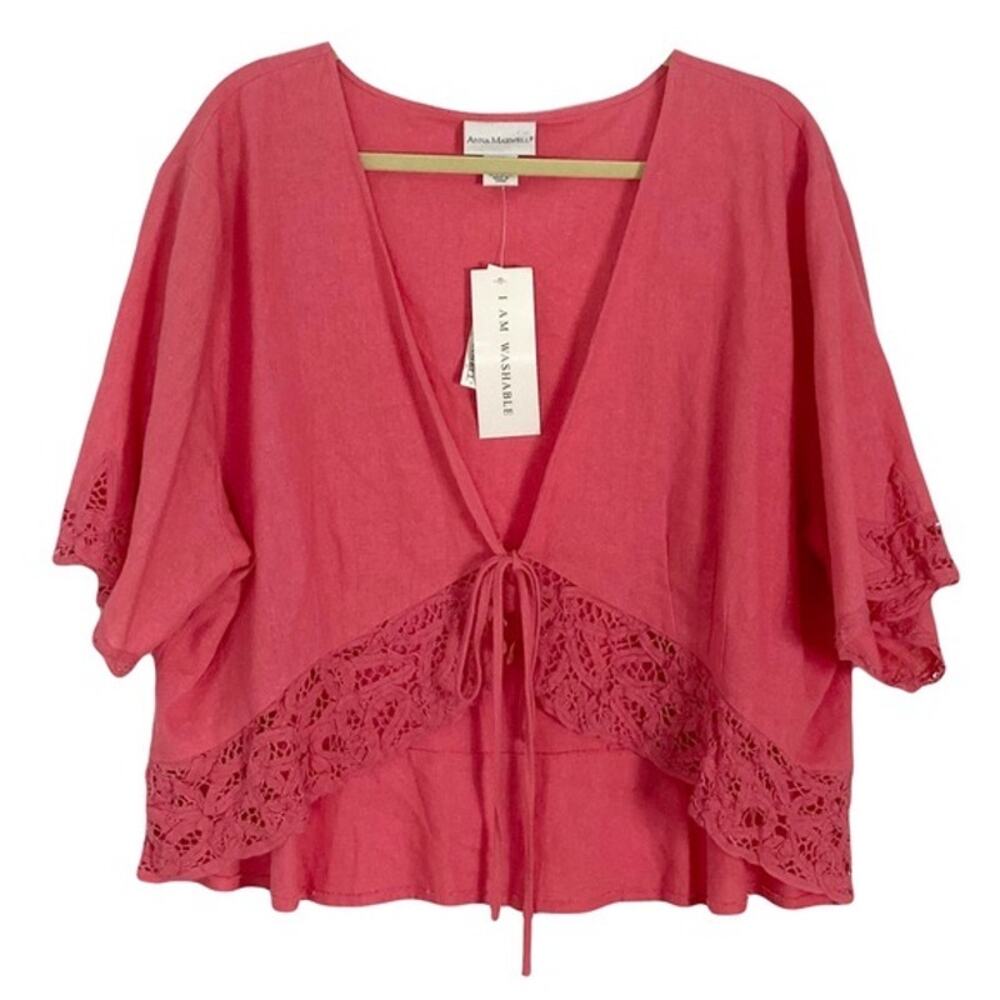 New NWT ANNA MAXWELL Top Blouse Cardigan 4X 30-32 Pink Linen Crochet-Lace BowTie